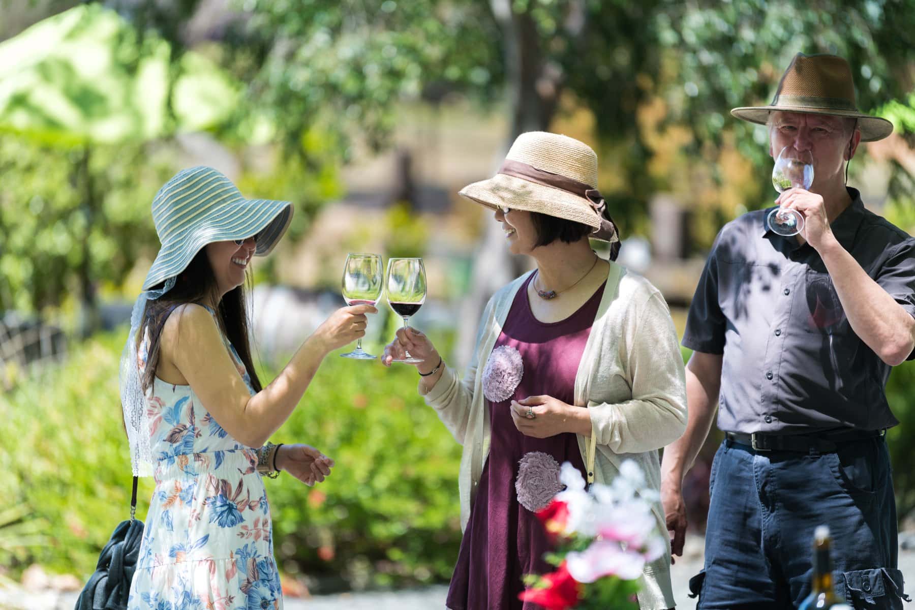 Three club members in summer garden party attire and sun hats sampling award winning Rodrigue Molyneaux red wines