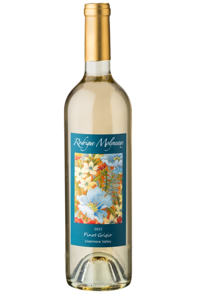 A bottle of Rodrigue Molyneuax 2021 Pinot Grigio